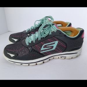 🖤 Skechers V Stride Goga Mat Sneakers Shoes Womens 8 Black Pink Teal
